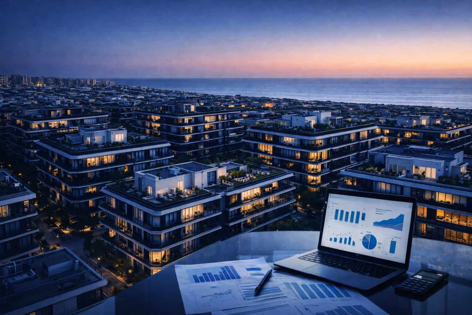 Vista aerea al atardecer de un complejo residencial mediterraneo junto al mar, con un ordenador portatil mostrando graficos de analisis financiero.